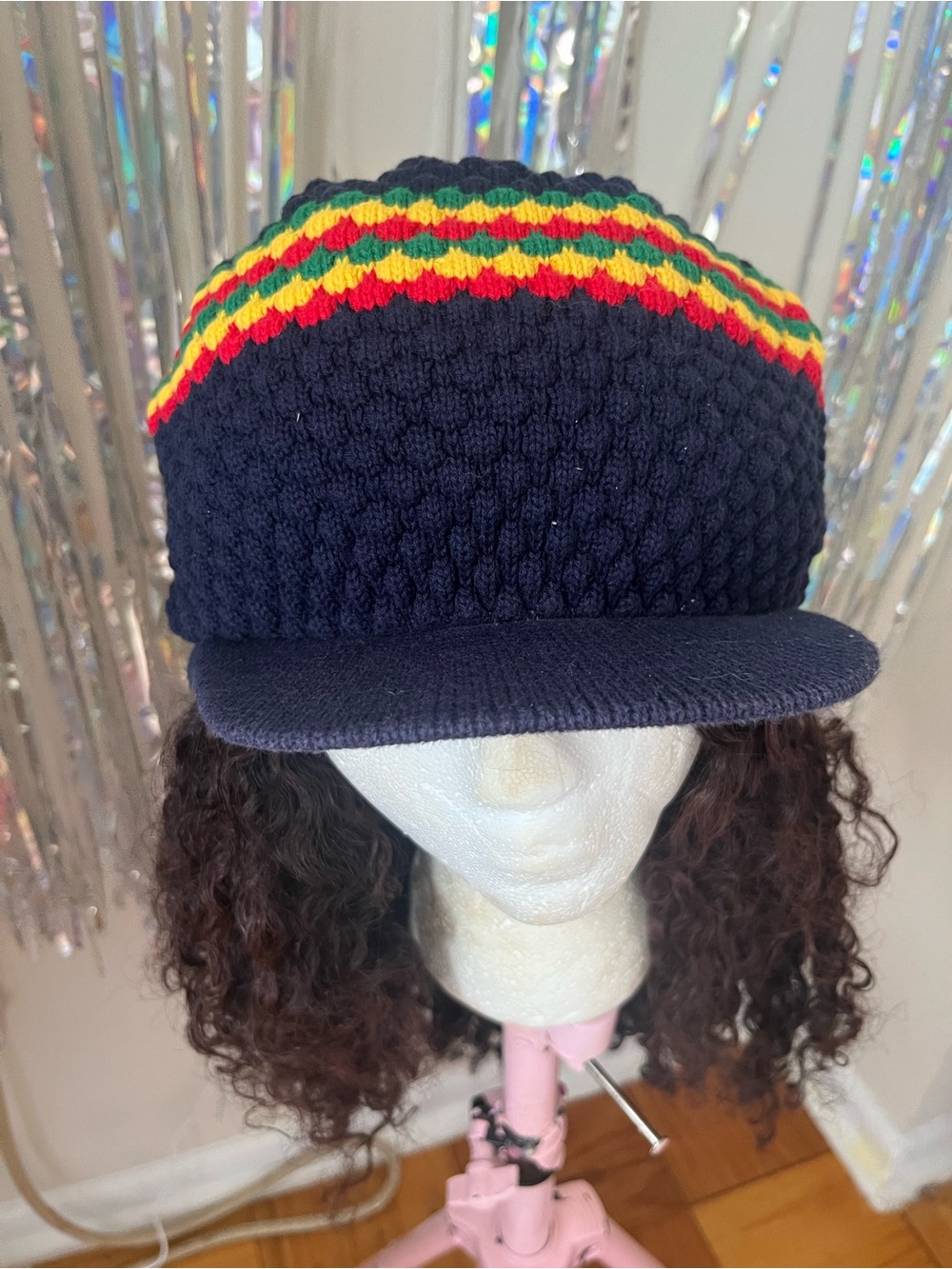 Navy Knit Cap with Red, Yellow & Green Stripe
